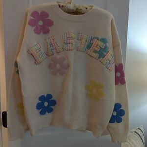 Judith March Easter Cream Sweater with Multicolor Floral Accents